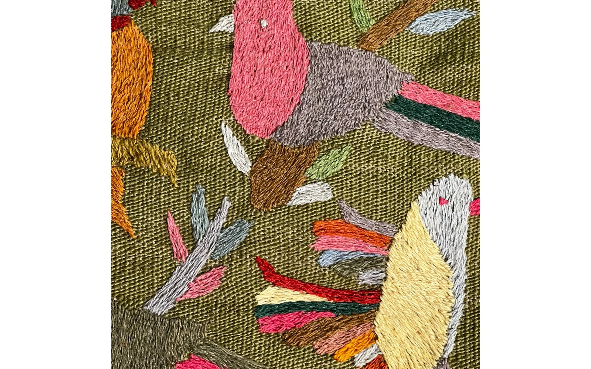 Suzani embroidered green cushion - birds in tree - Image 2